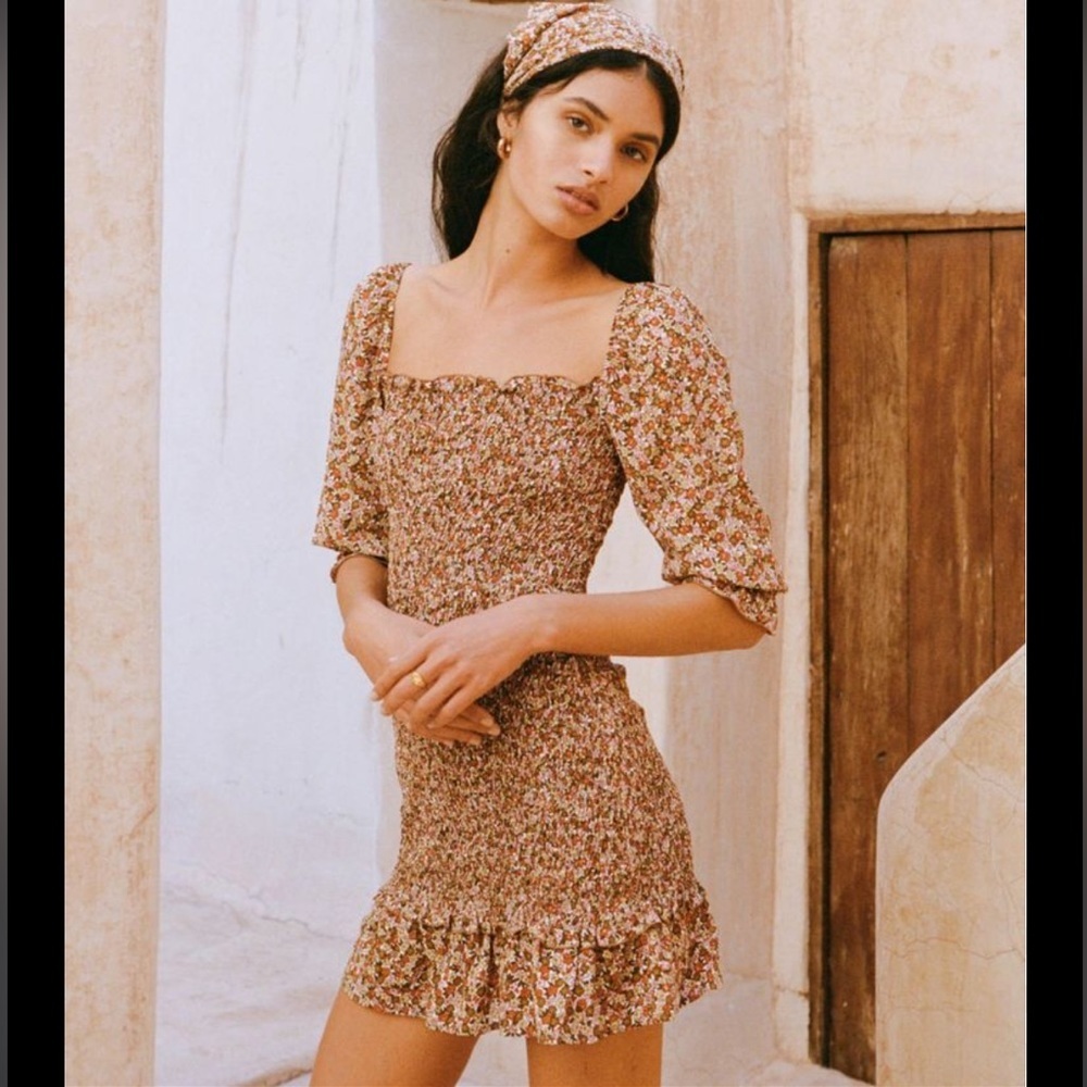 Faithfull the Brand Floral Long Sleeve Mini Dress Boho Print Summer Size 8 Large